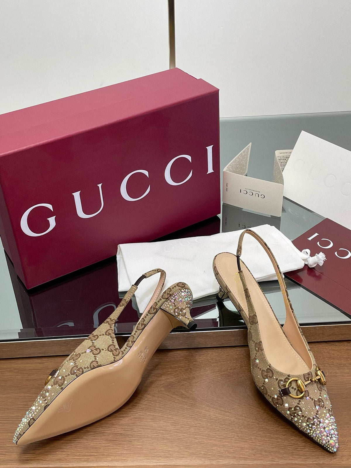 GG Horsebit Slingback 45MM Beige Ebony Monogram Canvas Point Toe Crystal-Embellished