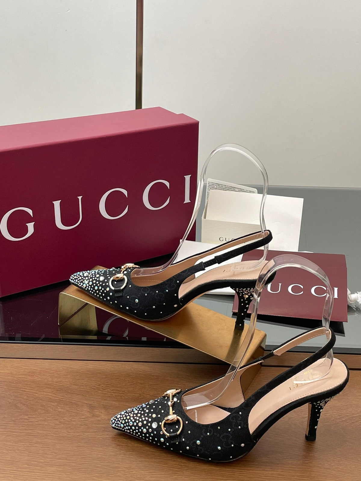 GG Horsebit Slingback 70MM Black Ebony Monogram Canvas Point Toe Crystal-Embellished