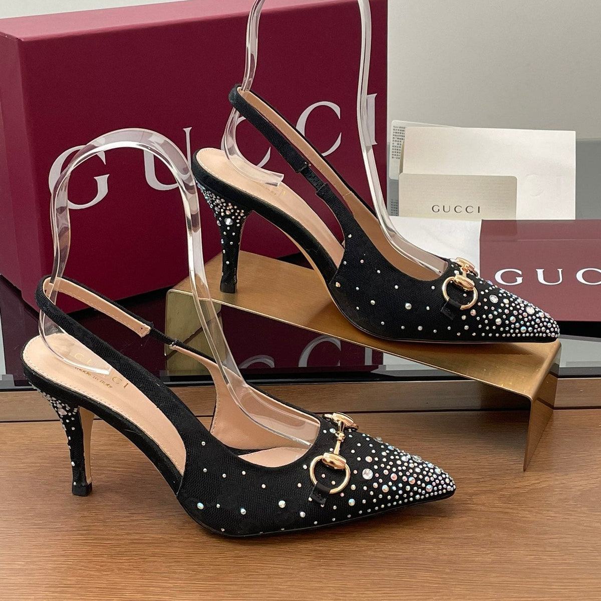 GG Horsebit Slingback 70MM Black Ebony Monogram Canvas Point Toe Crystal-Embellished