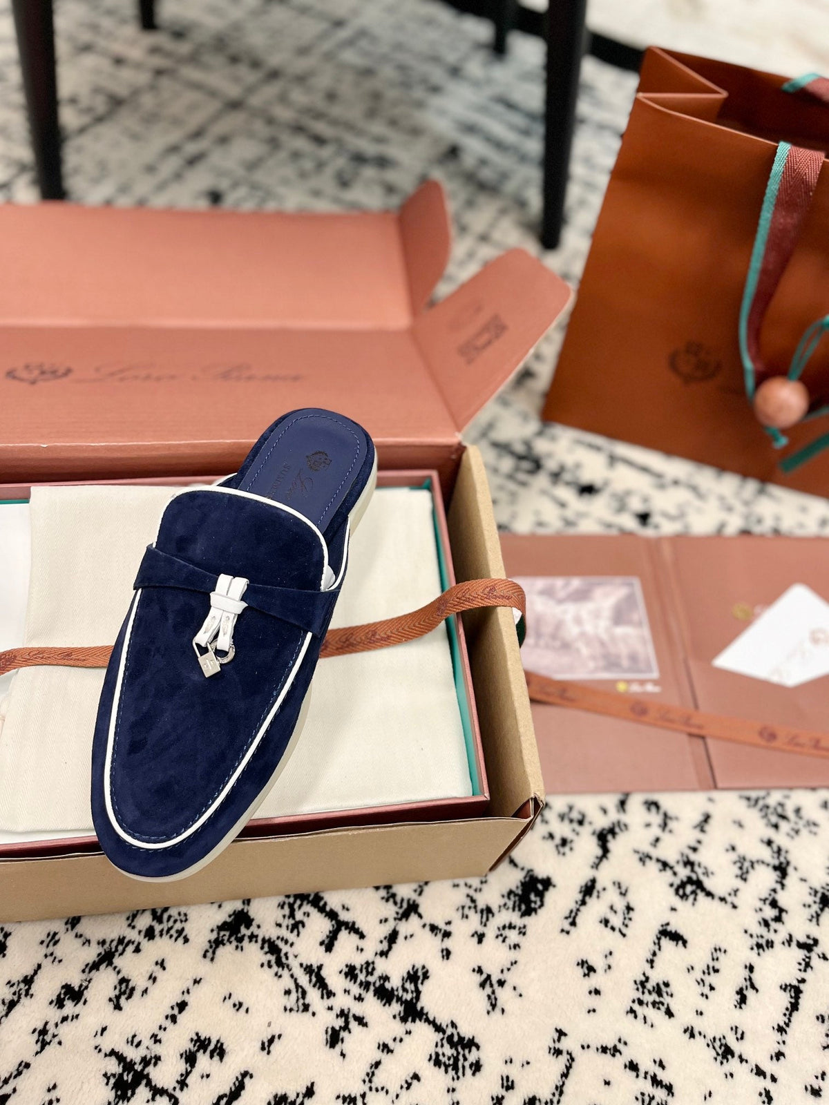 Loro Piana Navy White Suede Charms Walk Flat Mules