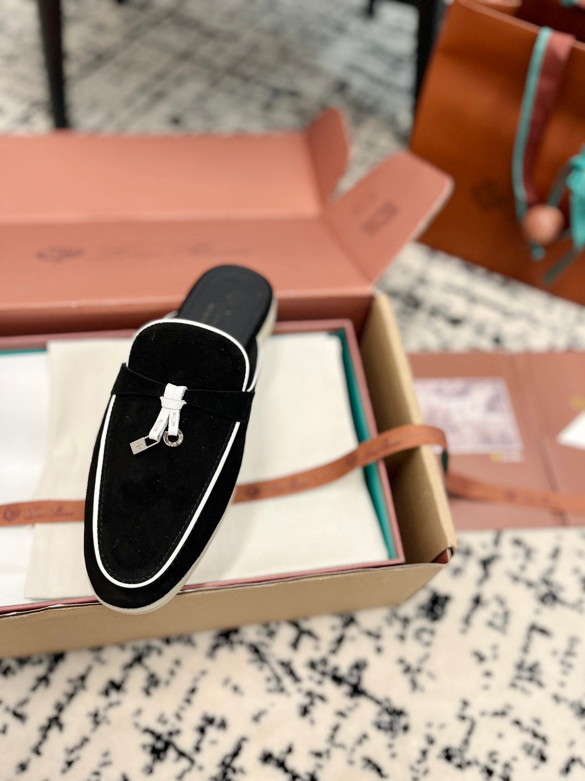 Loro Piana Black White Suede Charms Walk Flat Mules