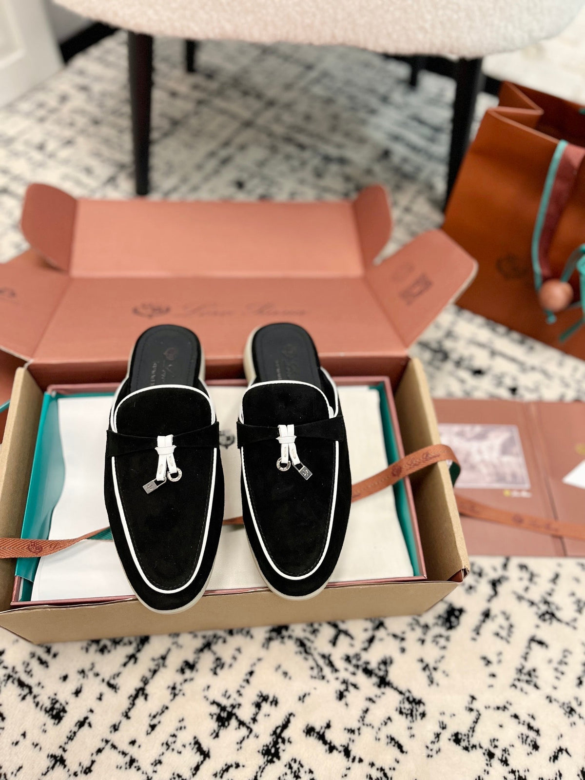 Loro Piana Black White Suede Charms Walk Flat Mules