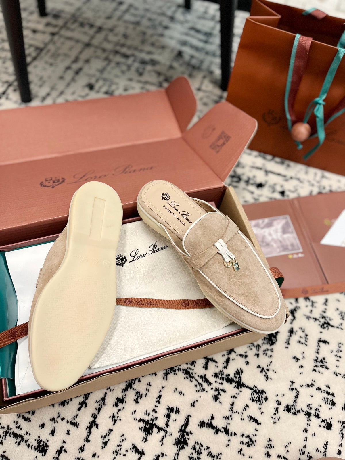 Loro Piana Beige White Suede Charms Walk Flat Mules