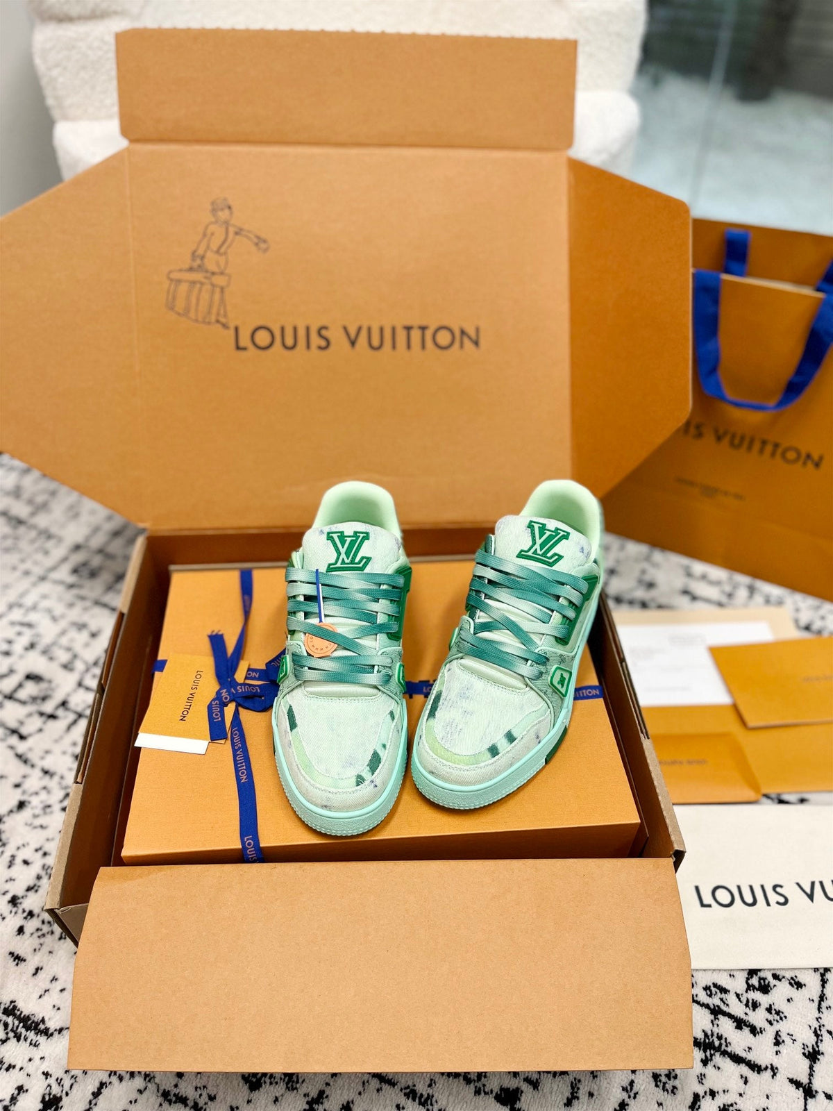 LV Trainer Sneaker Green Denim Fabric