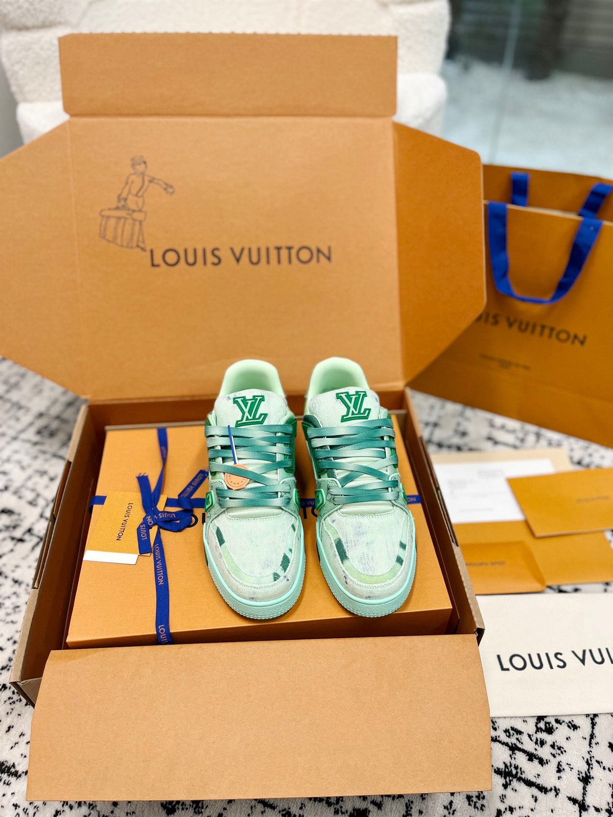 LV Trainer Sneaker Green Denim Fabric