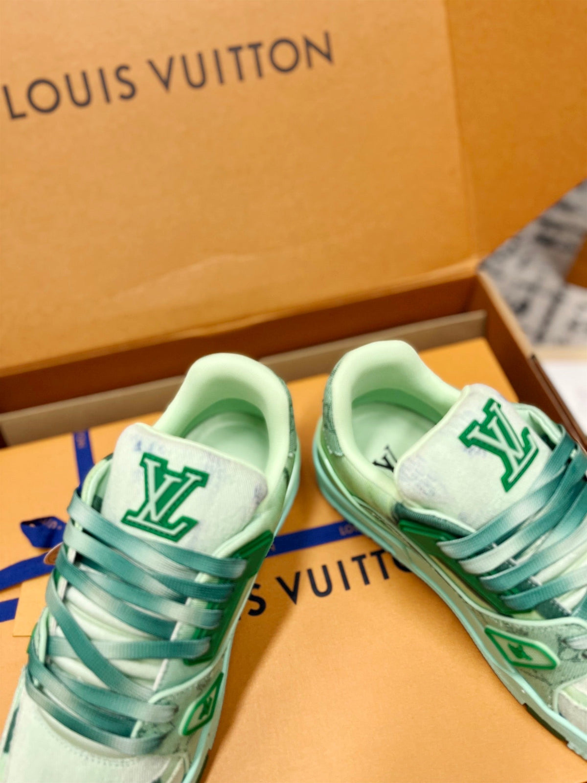 LV Trainer Sneaker Green Denim Fabric