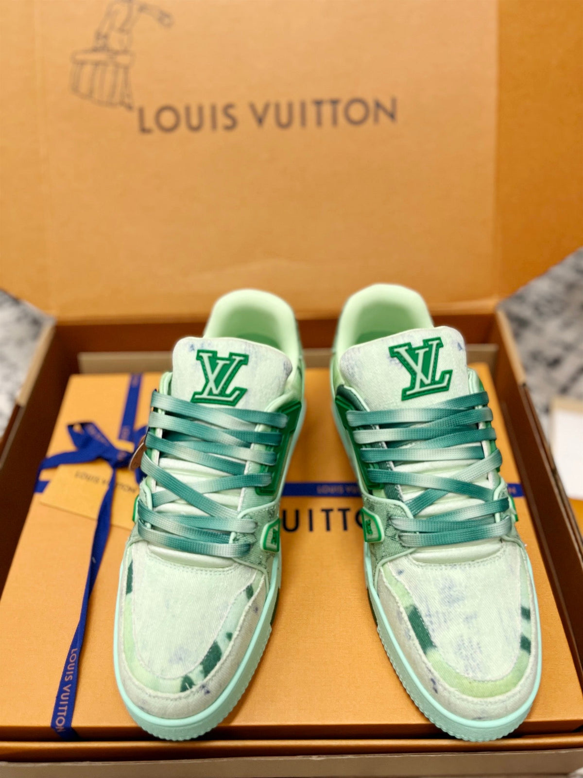 LV Trainer Sneaker Green Denim Fabric