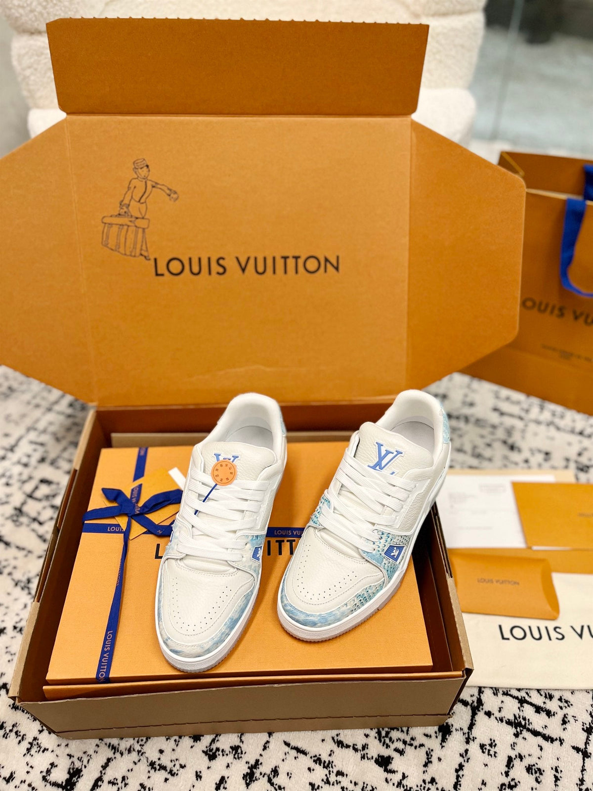 LV Trainer Sneaker White Mix Light Blue Cowhide