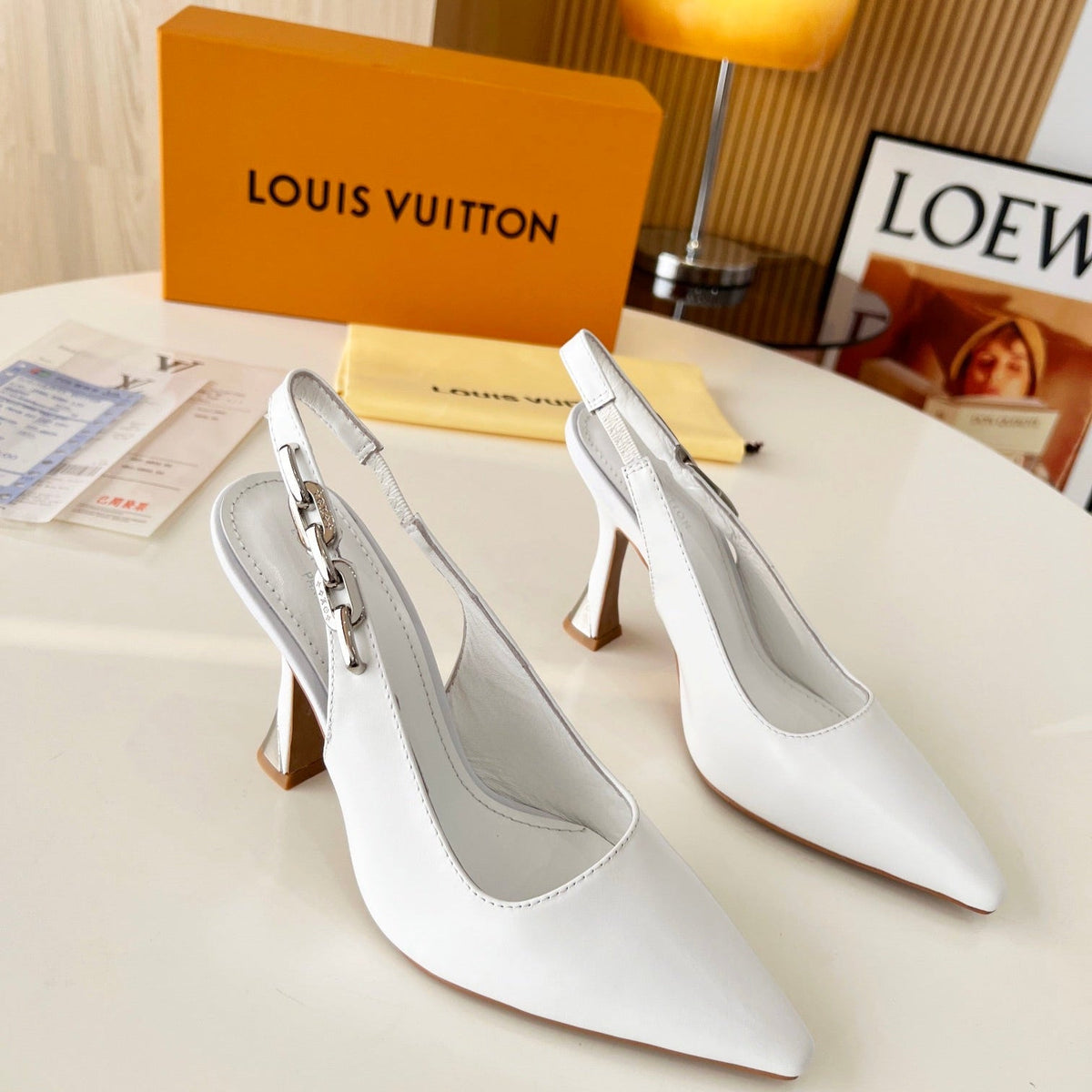 LV Spake Slingback with Chain 8.5CM White Calfskin 218291