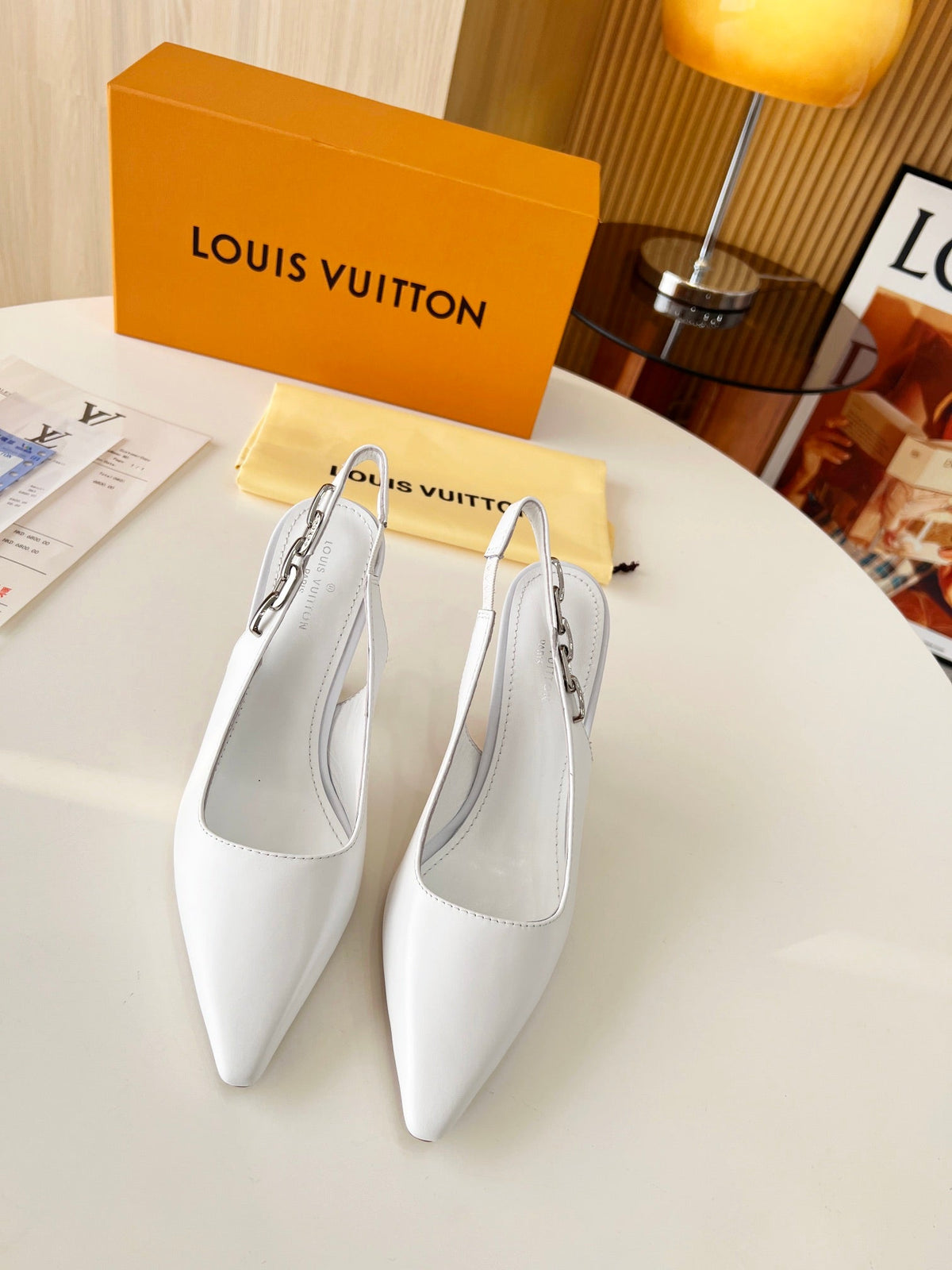 LV Spake Slingback with Chain 8.5CM White Calfskin 218291