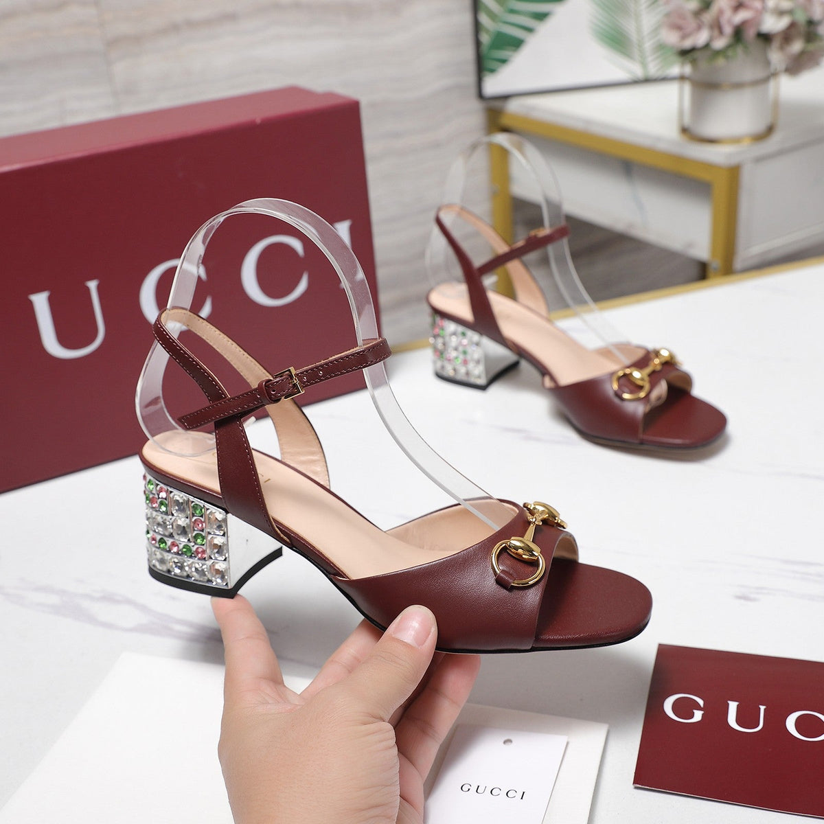 GG 26ss Sandals 55 Burgundy Beige Sheepskin 601097