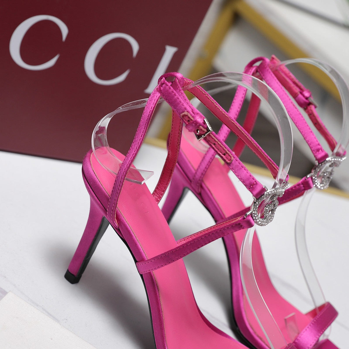 Gucci 2026 Gucci Satin Rhinestone Buckle 95mm High-Heeled Sandals Cowhide 758661