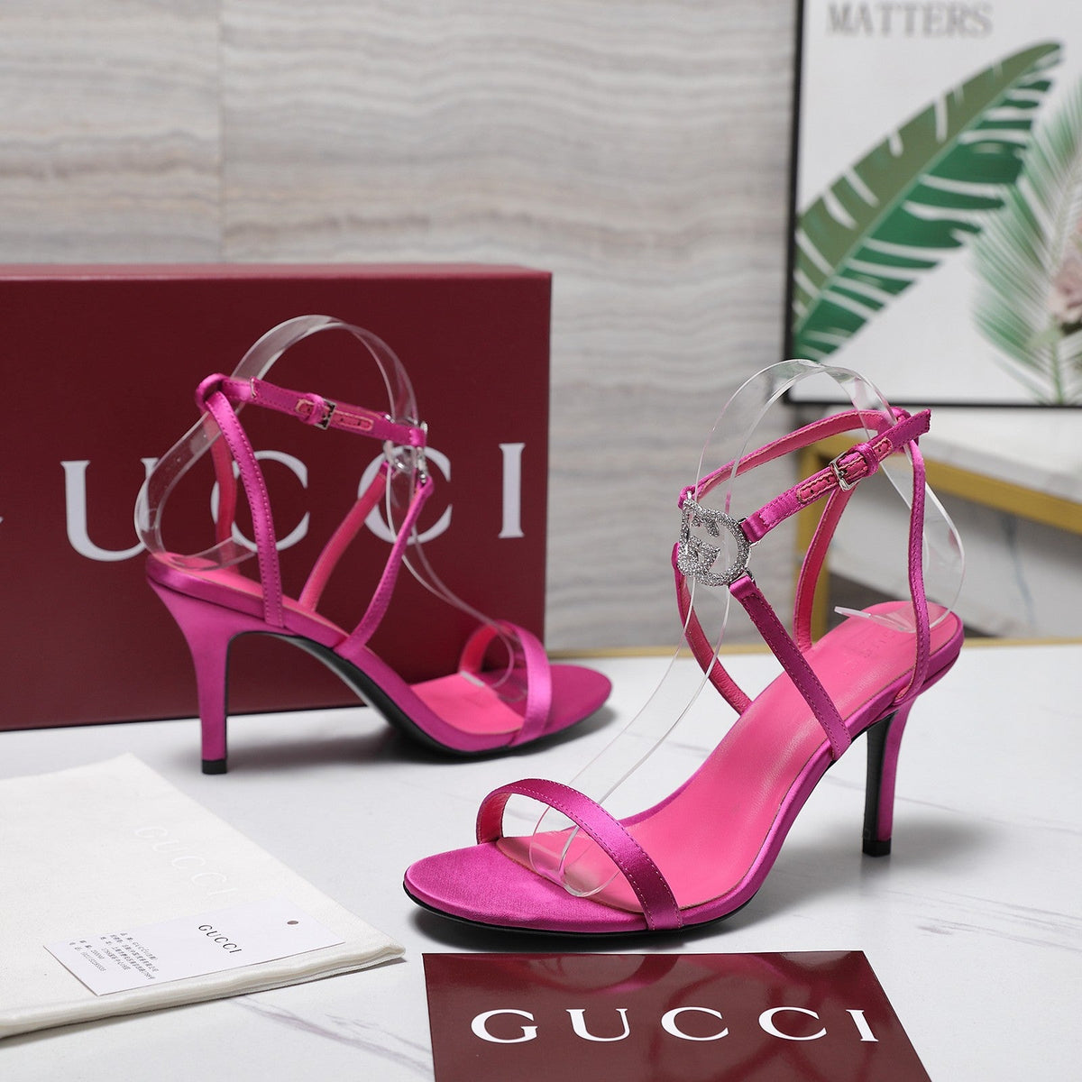 Gucci 2026 Gucci Satin Rhinestone Buckle 95mm High-Heeled Sandals Cowhide 758661