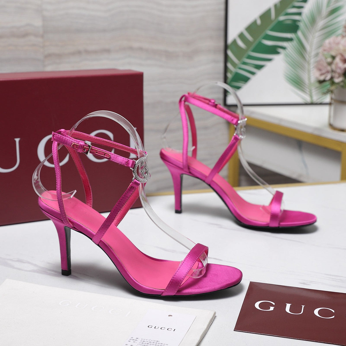 Gucci 2026 Gucci Satin Rhinestone Buckle 95mm High-Heeled Sandals Cowhide 758661