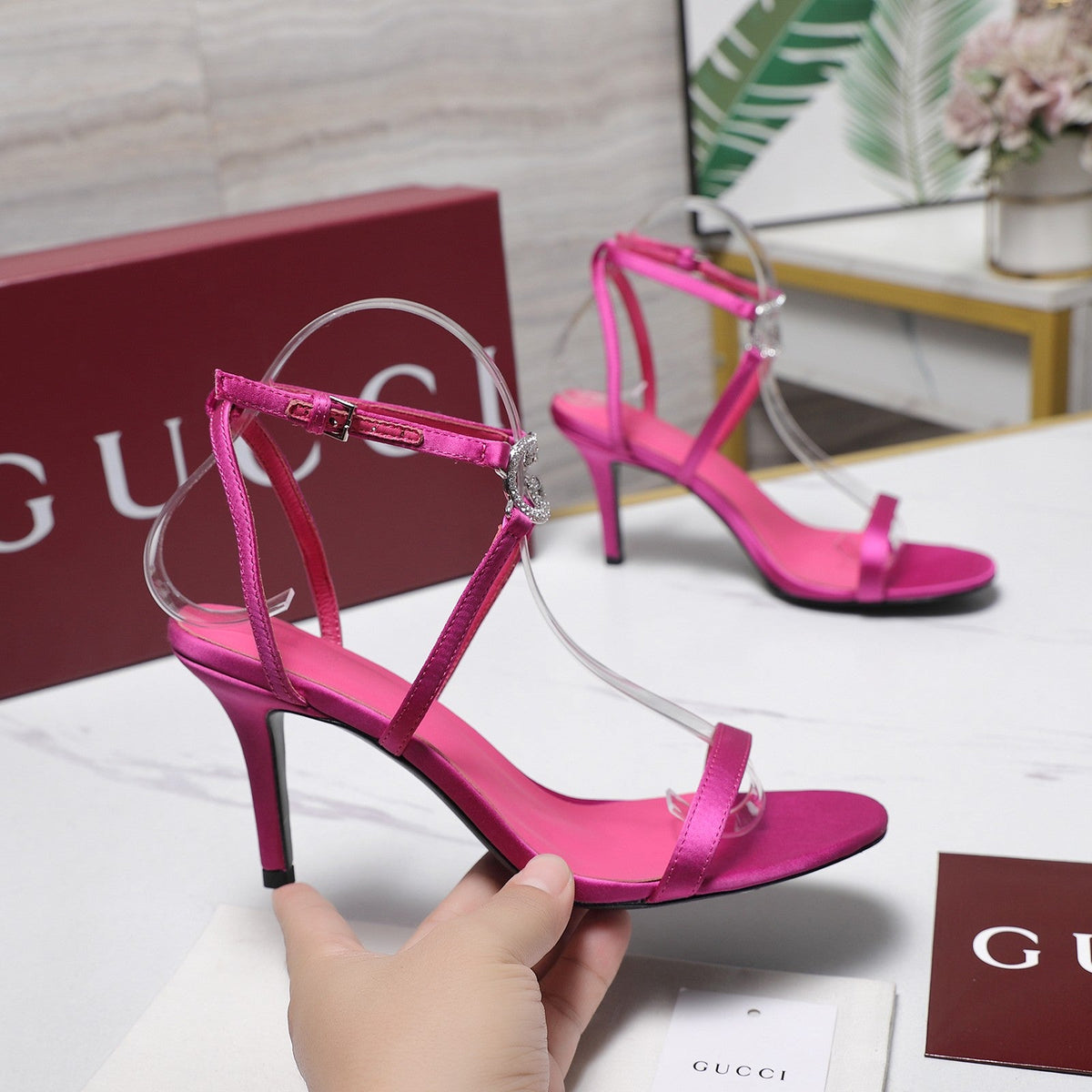 Gucci 2026 Gucci Satin Rhinestone Buckle 95mm High-Heeled Sandals Cowhide 758661