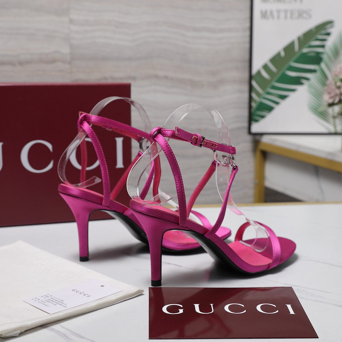 Gucci 2026 Gucci Satin Rhinestone Buckle 95mm High-Heeled Sandals Cowhide 758661