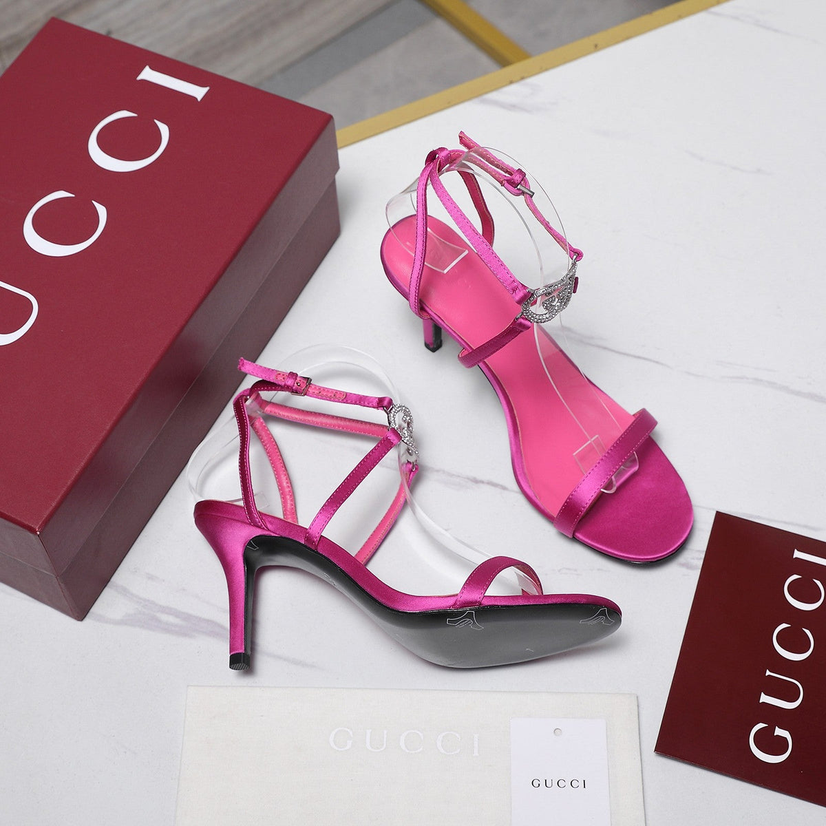 Gucci 2026 Gucci Satin Rhinestone Buckle 95mm High-Heeled Sandals Cowhide 758661