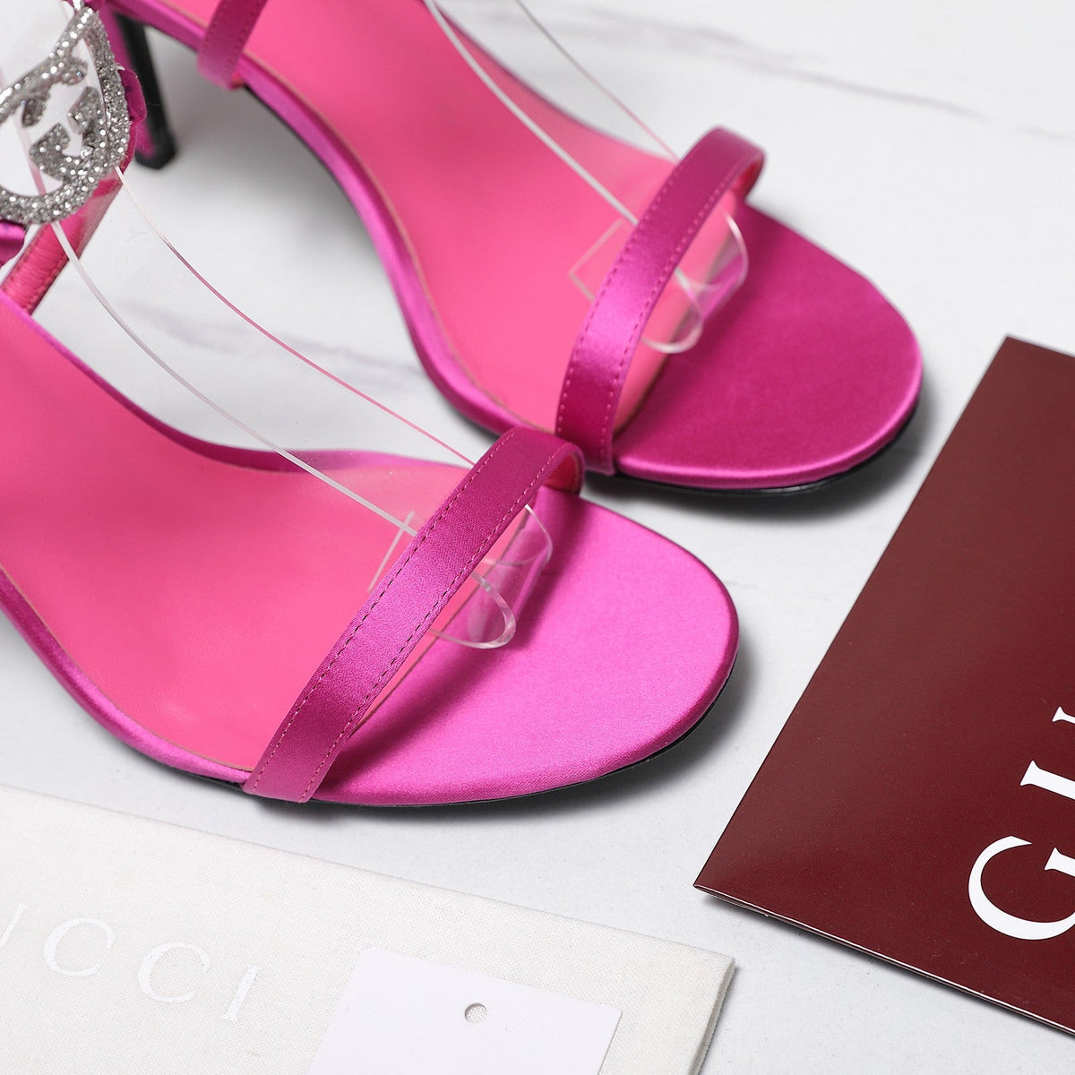 Gucci 2026 Gucci Satin Rhinestone Buckle 95mm High-Heeled Sandals Cowhide 758661