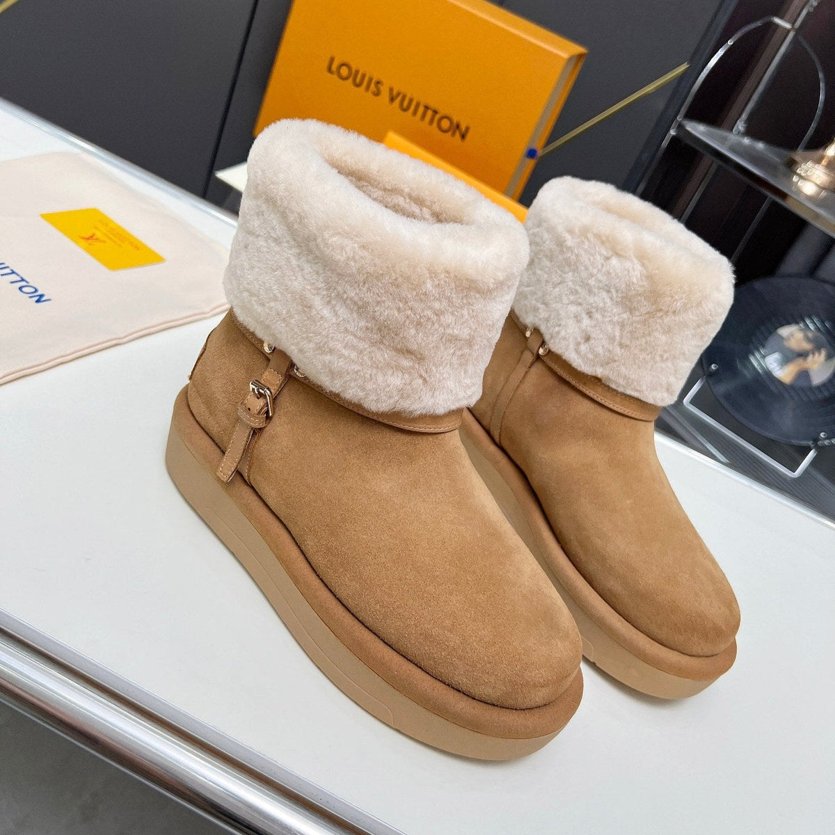 LV Aspen Platform Ankle Boot Brown White Suede