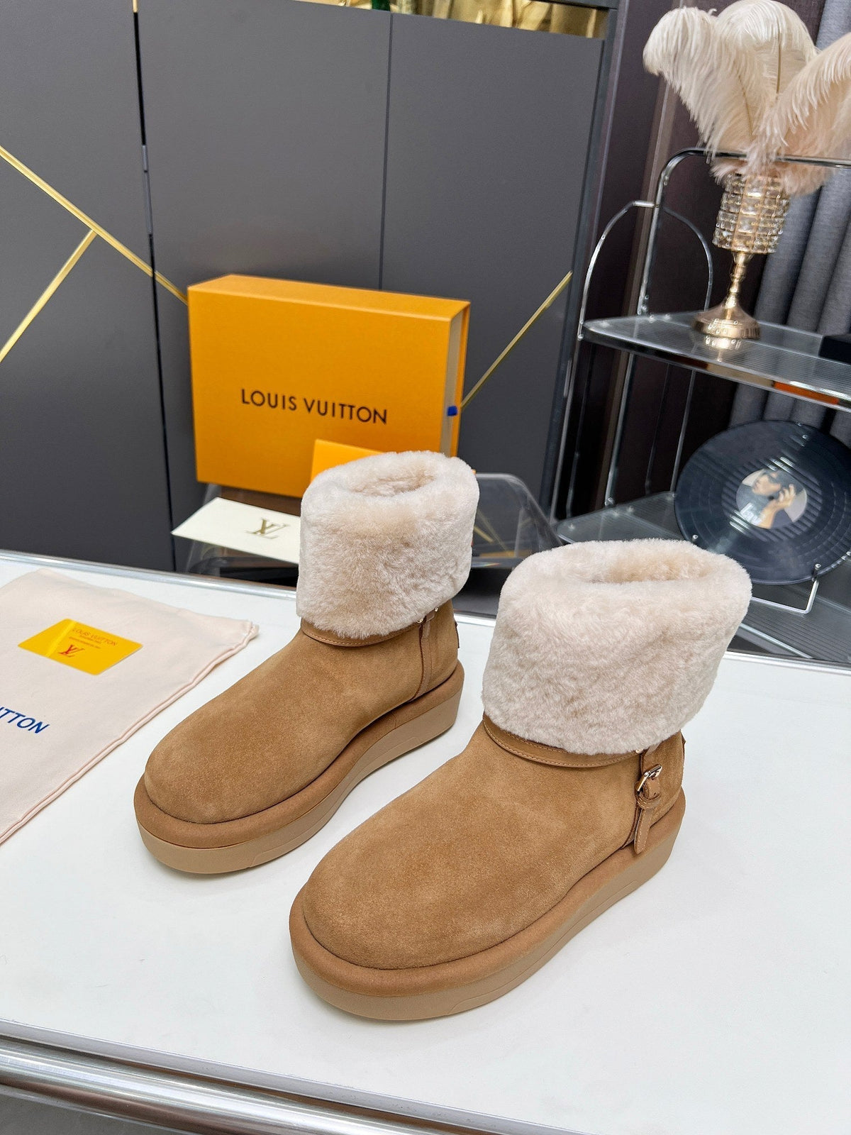 LV Aspen Platform Ankle Boot Brown White Suede