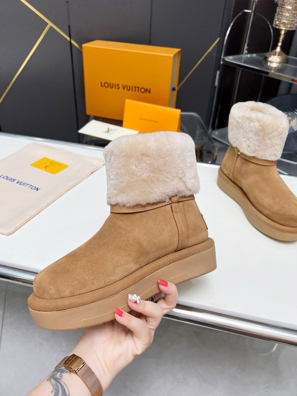 LV Aspen Platform Ankle Boot Brown White Suede