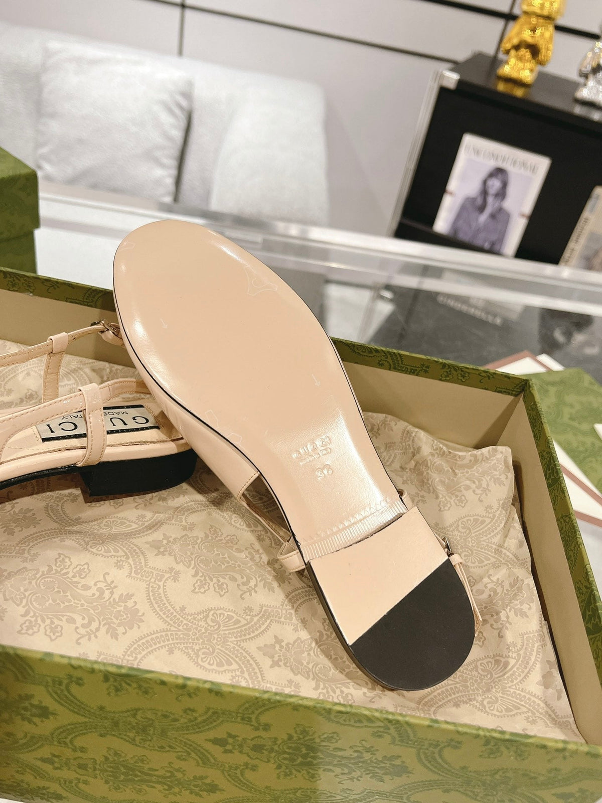 GG CRYSTALS SLINGBACK BALLET CREAM CALFSKIN