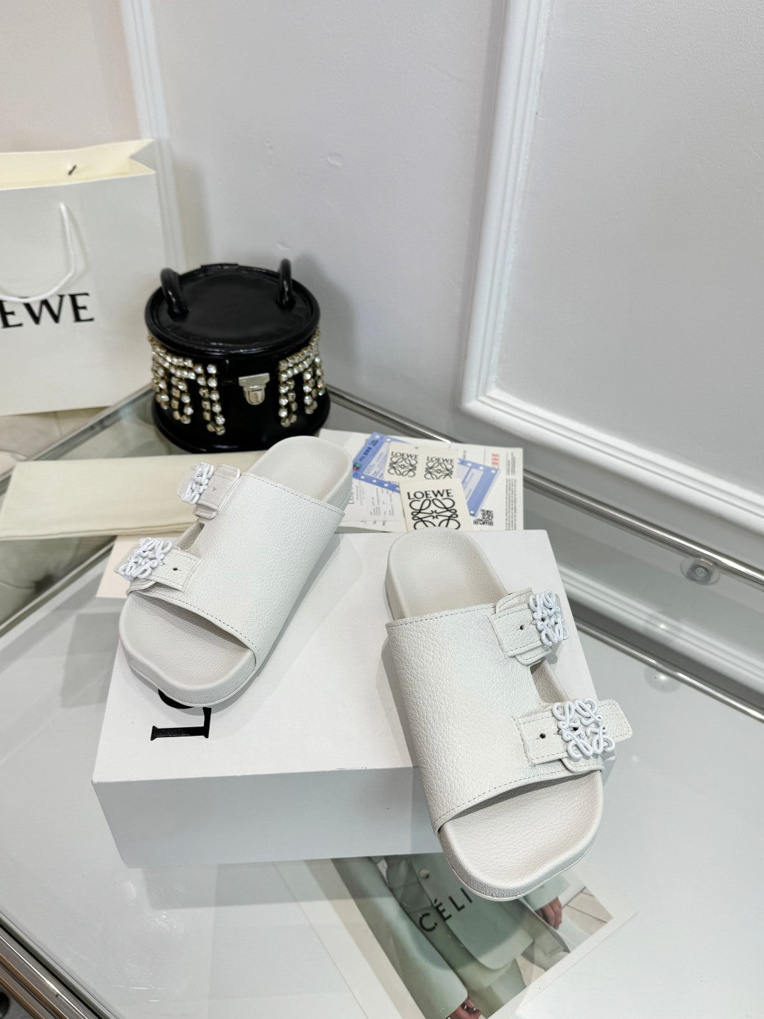 Loewe Ease Leather Slide White Sheepskin