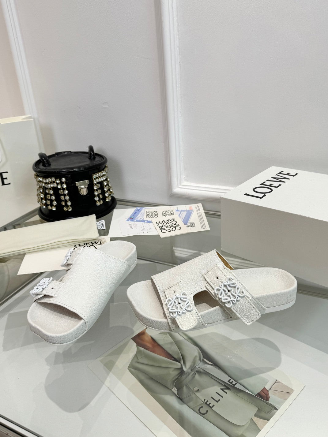 Loewe Ease Leather Slide White Sheepskin