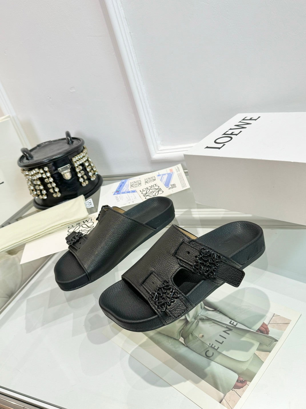 Loewe Ease Leather Slide Black Sheepskin