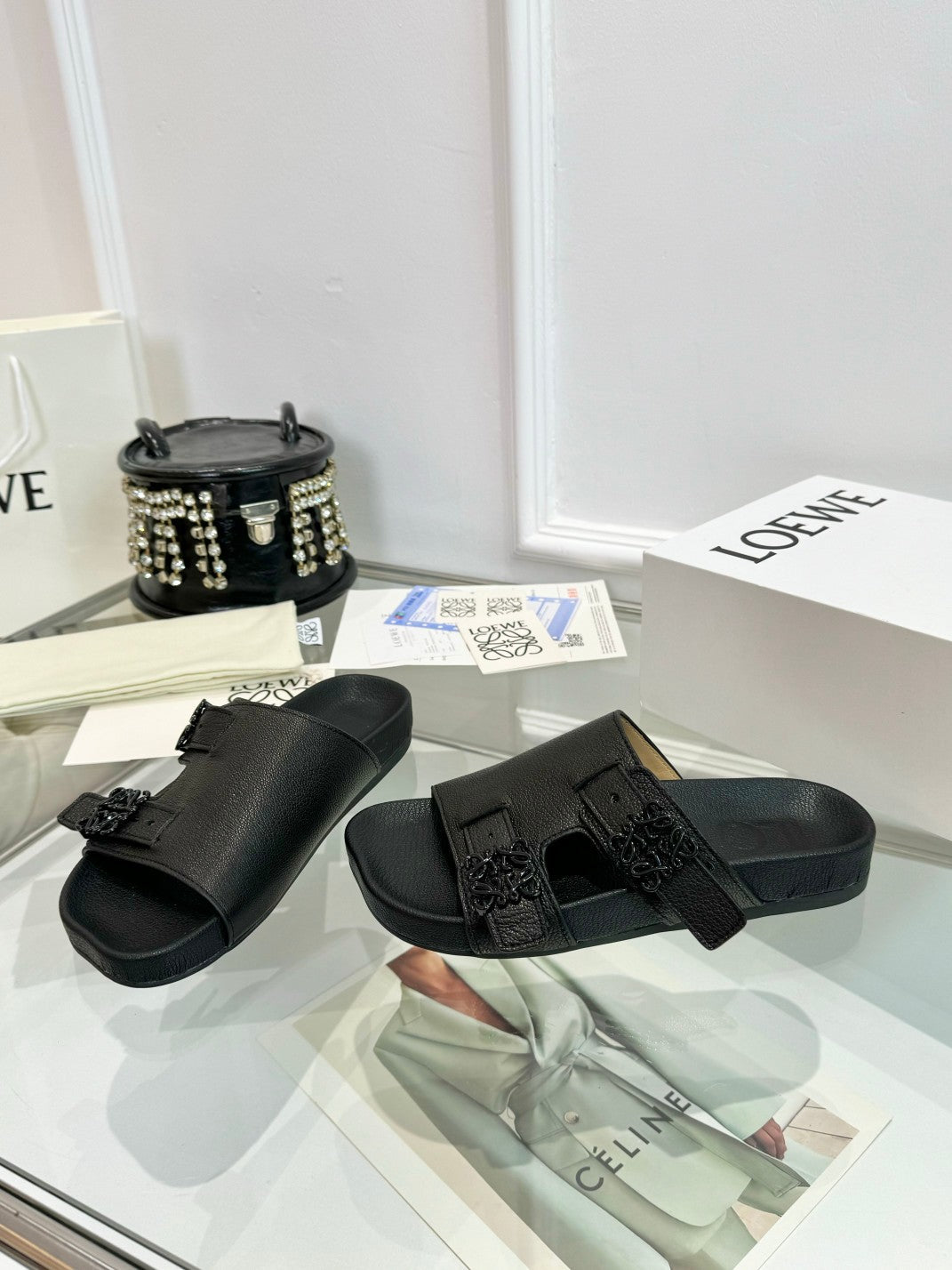 Loewe Ease Leather Slide Black Sheepskin