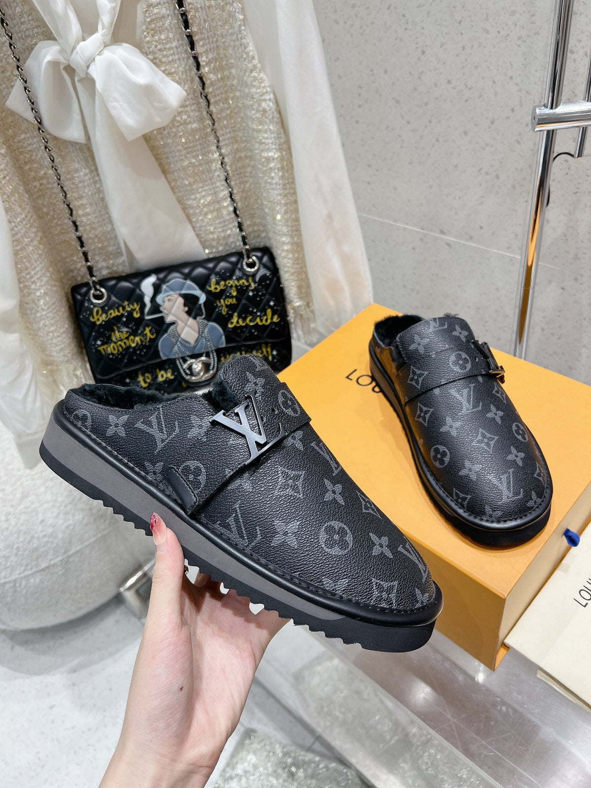 LV Cosy Flat Comfort Clog Black Monogram Lambskin