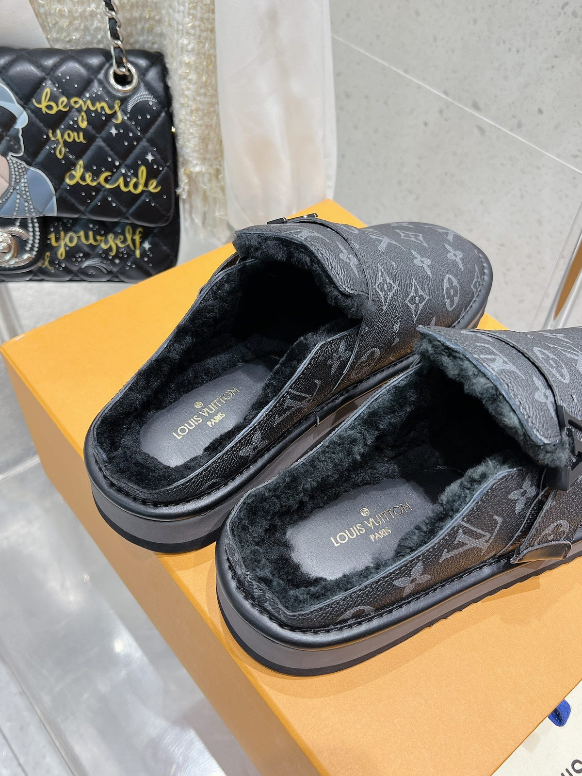 LV Cosy Flat Comfort Clog Black Monogram Lambskin