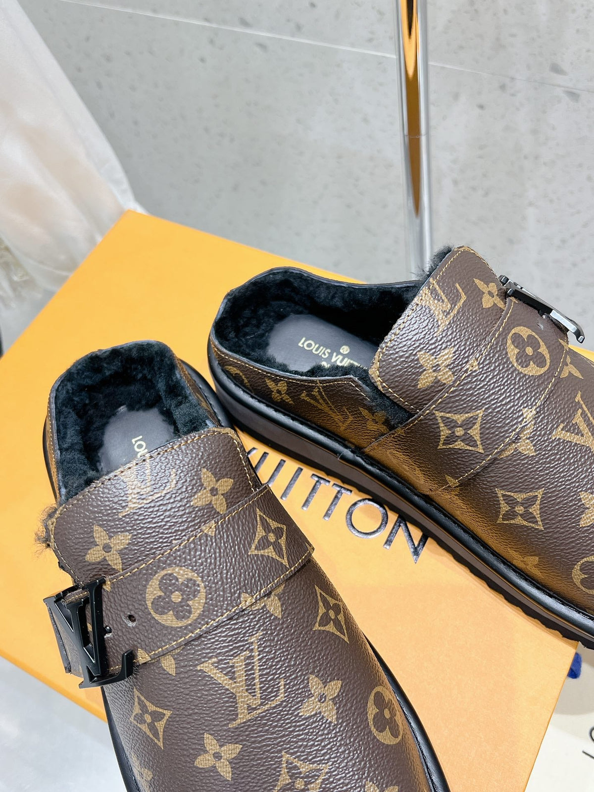 LV Cosy Flat Comfort Clog Dark Brown Monogram Lambskin