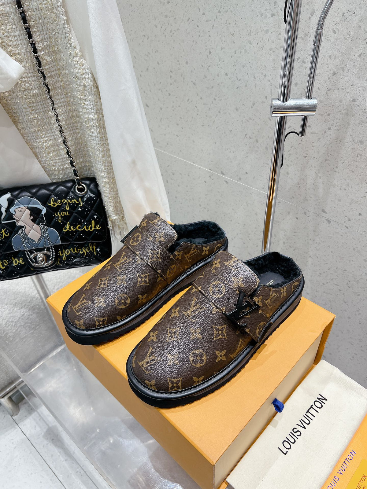 LV Cosy Flat Comfort Clog Dark Brown Monogram Lambskin