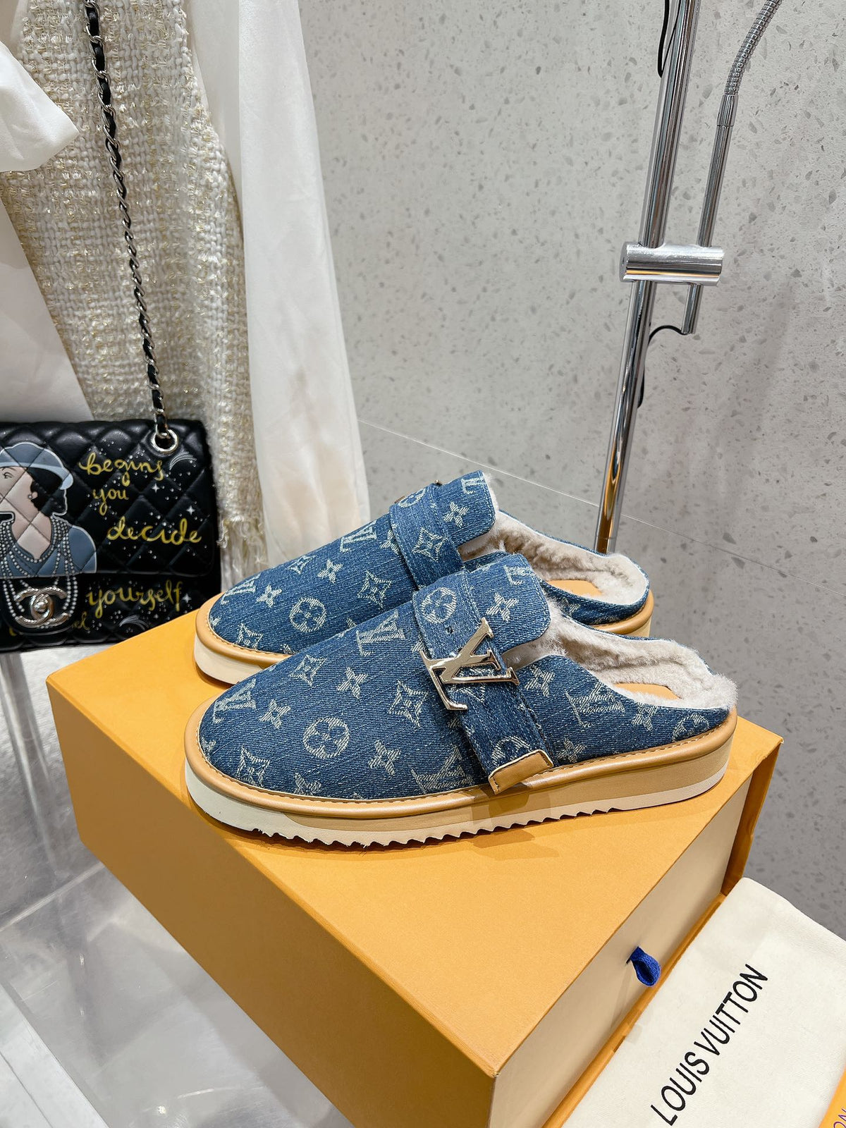 LV Cosy Flat Comfort Clog Light Blue Monogram Denim Fabric