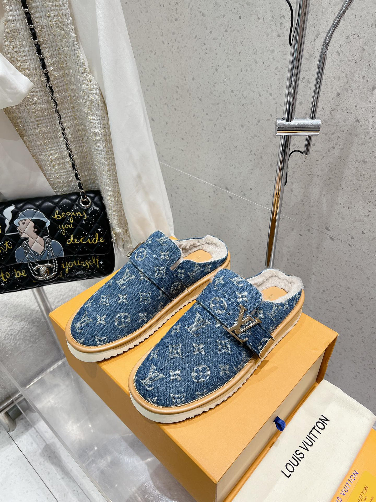 LV Cosy Flat Comfort Clog Light Blue Monogram Denim Fabric