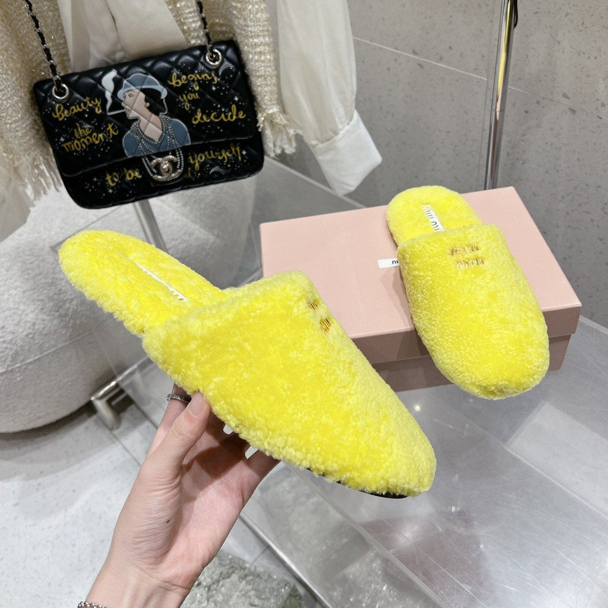 Miu Slippers Lemon Yellow Wool Fabric