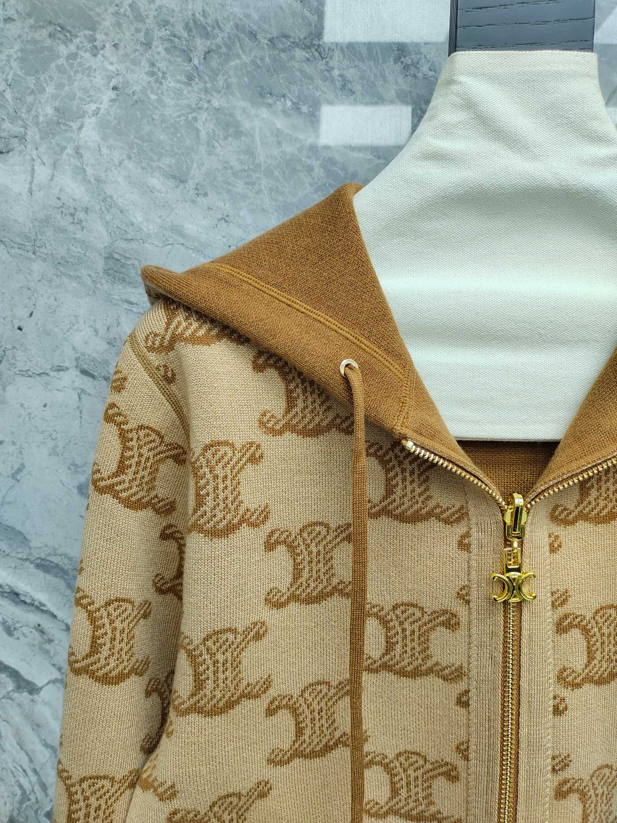 Celine 25 Hooded Knitted Cardigan Camel Brown Wool 282134