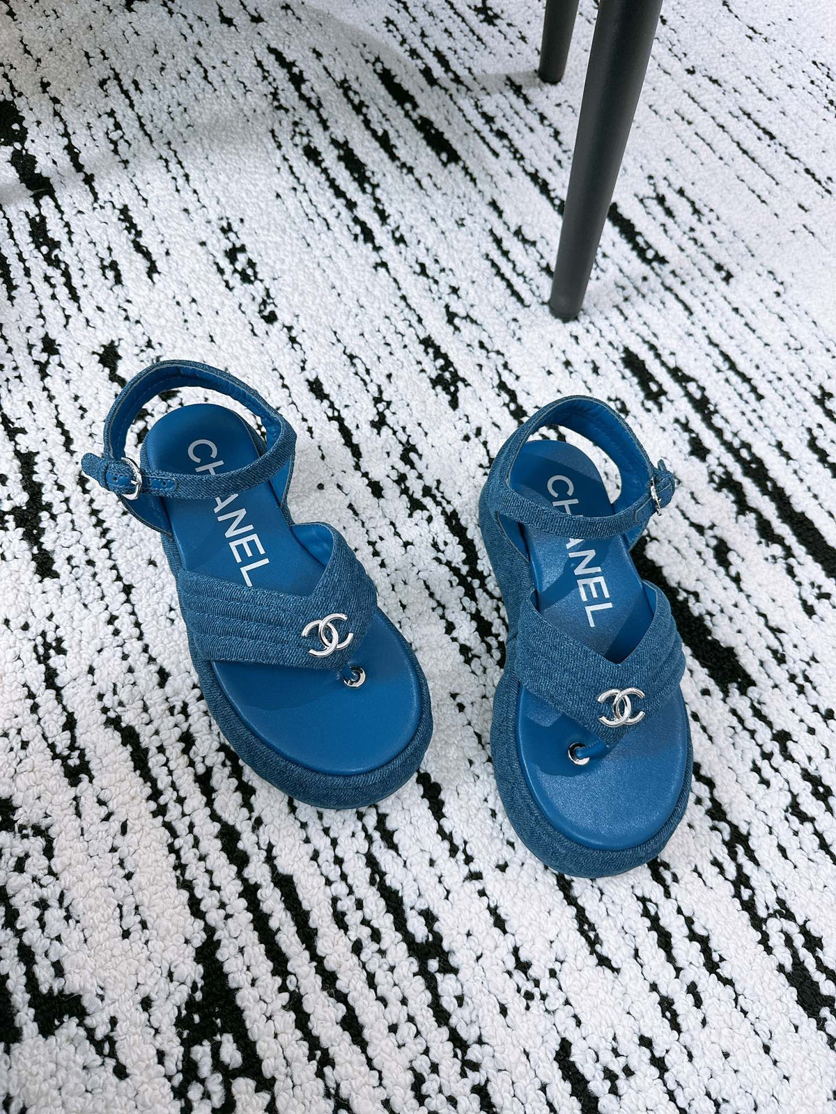 CC Sandals In Navy Blue Denim Fabric 144526