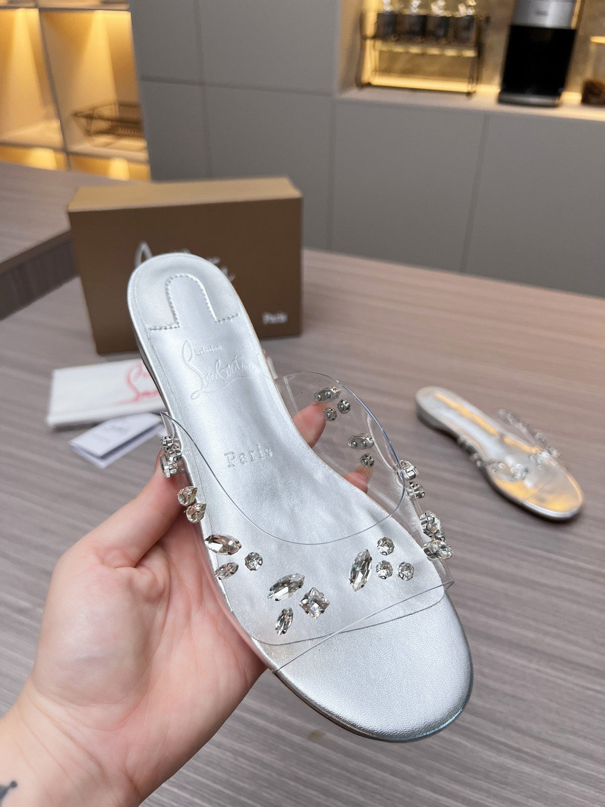 CL Slippers Silver PVC and Iridescent Nappa Leather 251047