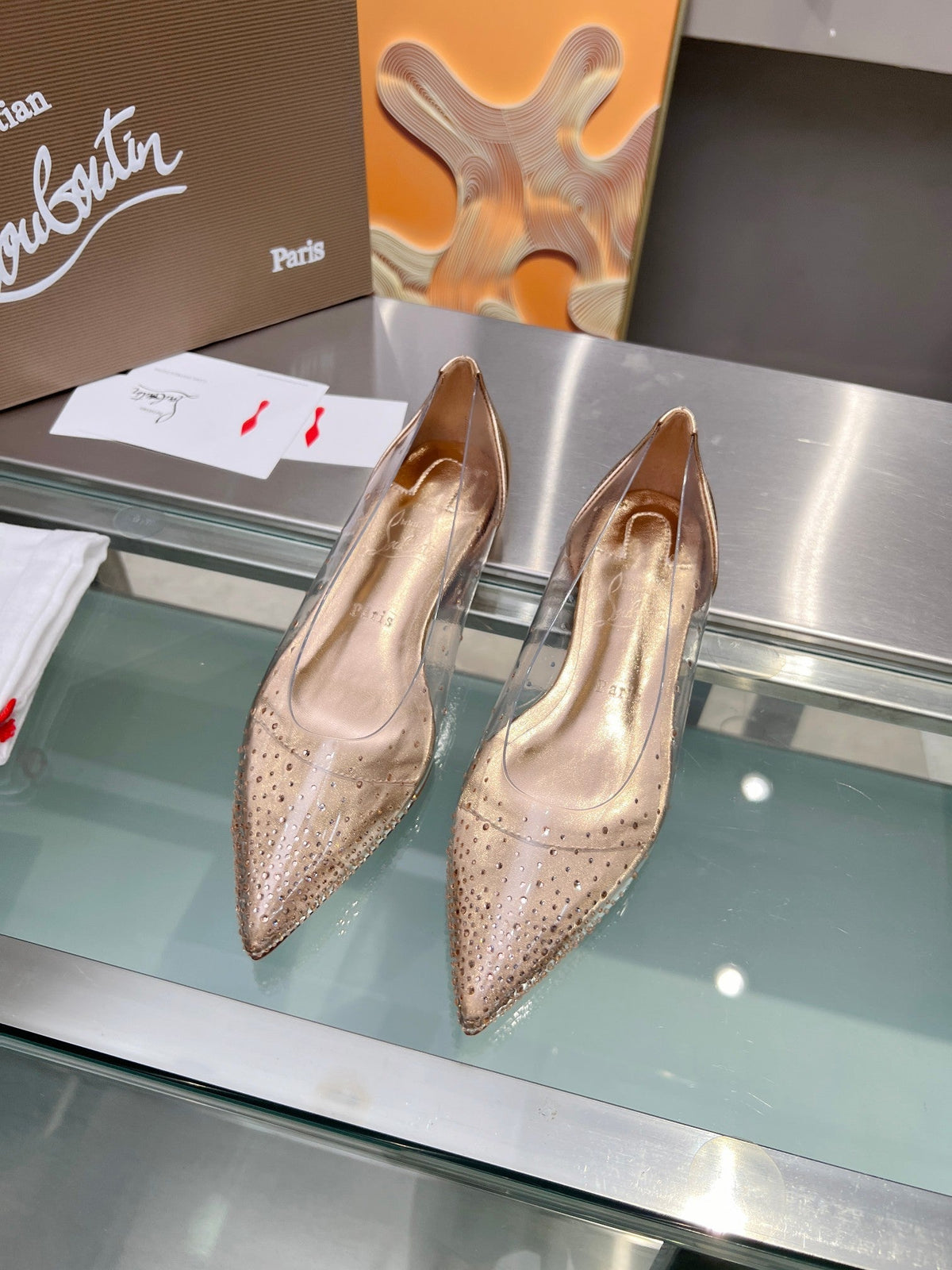 CL Degrastrass Flats Silver PVC and Strass Light Peach