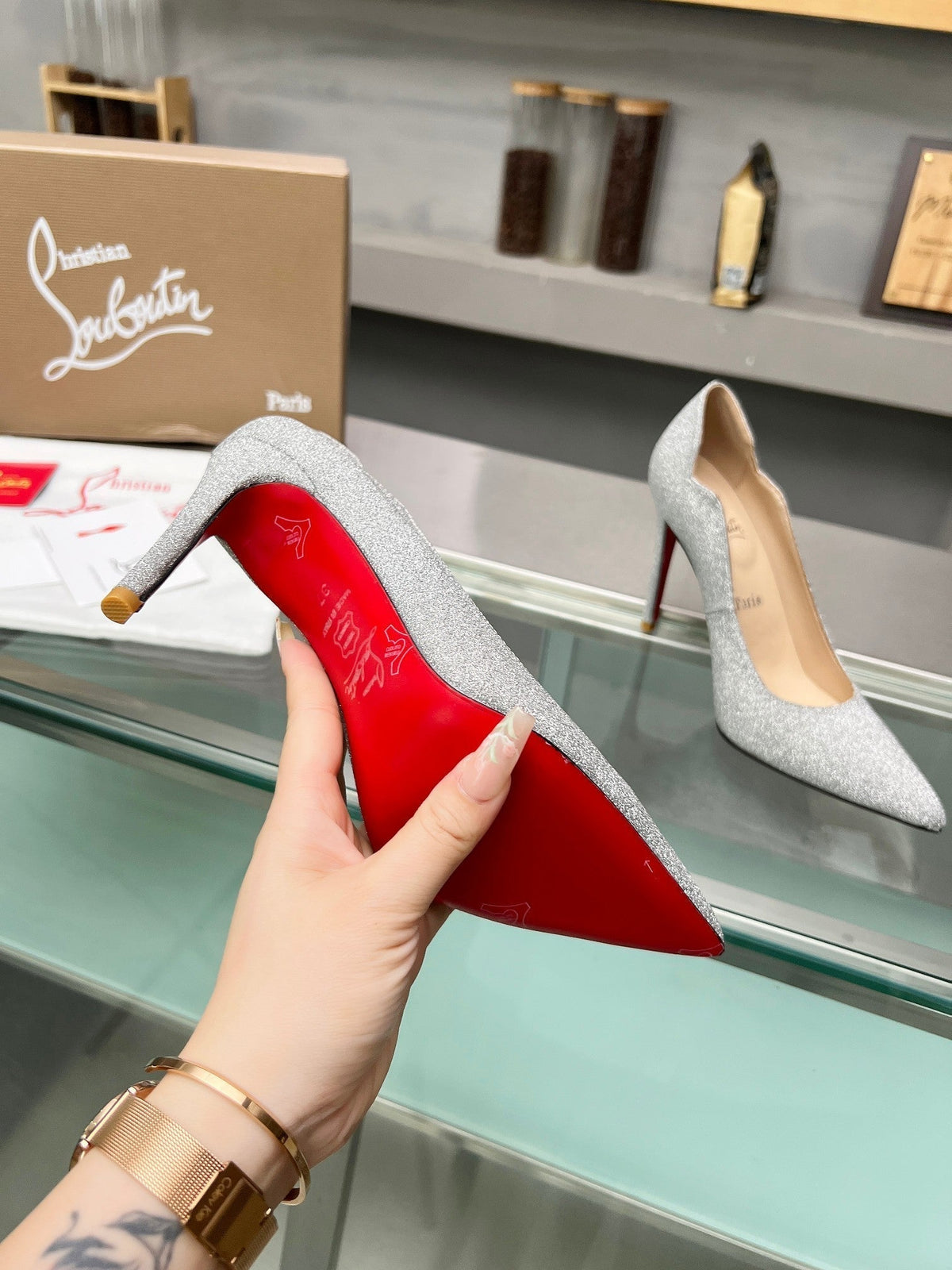 CL Hot Chick Pumps 100mm Glittered Calf Leather Silver