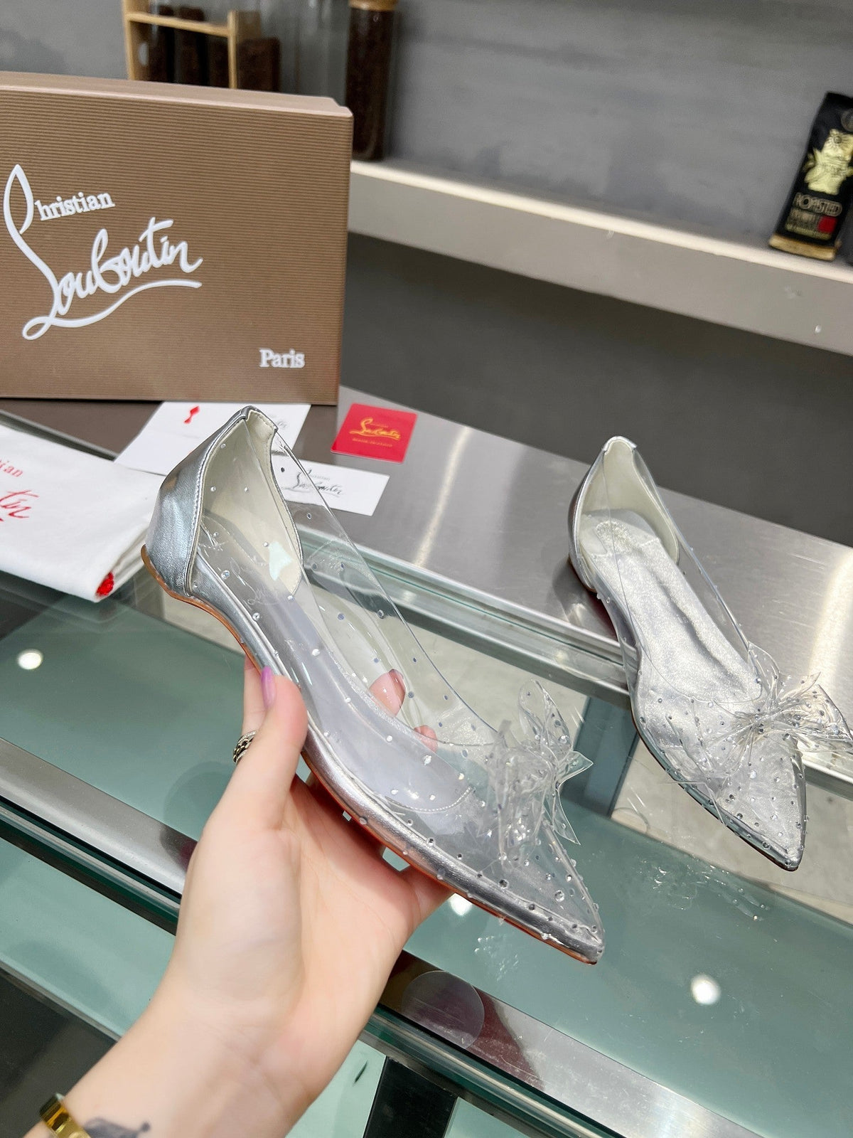 CL Jelly Strass Flats Pvc Iridescent Nappa Leather And Strass Silver