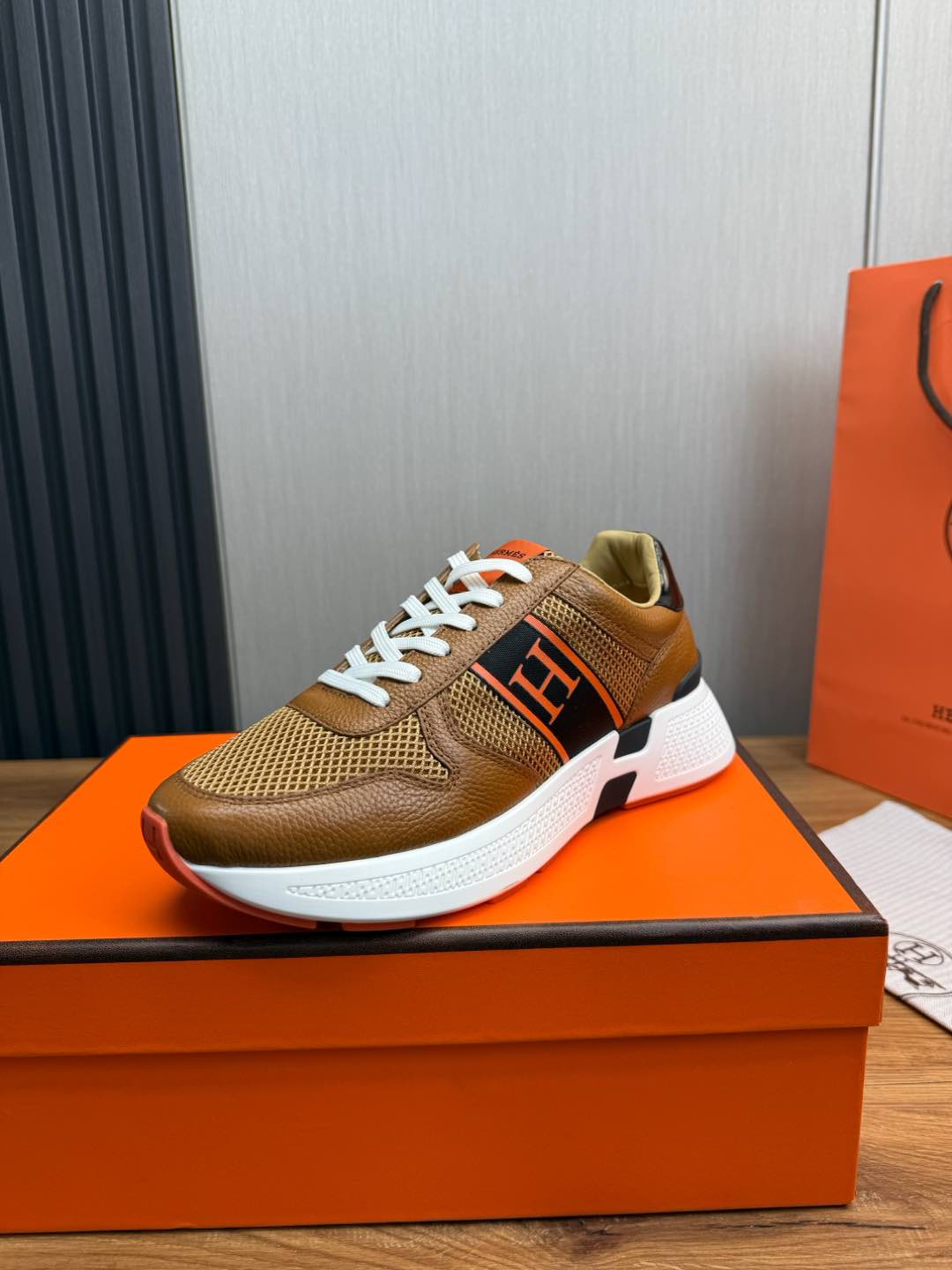 HM Men's Sneaker Brown Mesh Cowhide 519229