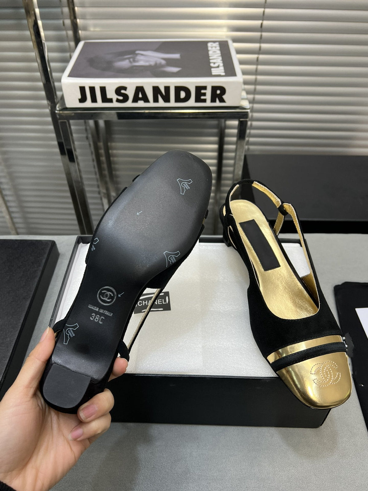 slingback black suede gold metalic lambskin square toe 5.0