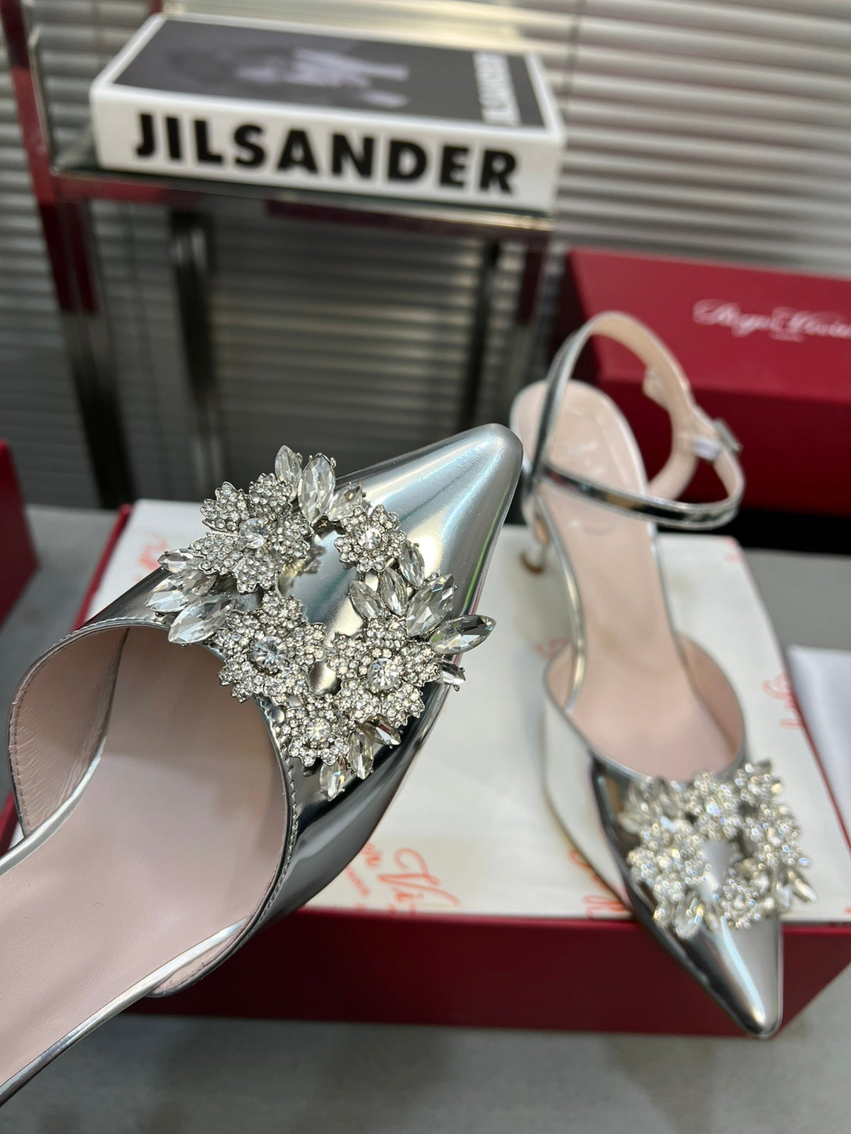 Flower Strass Buckle Slingback Pump 90 Silver