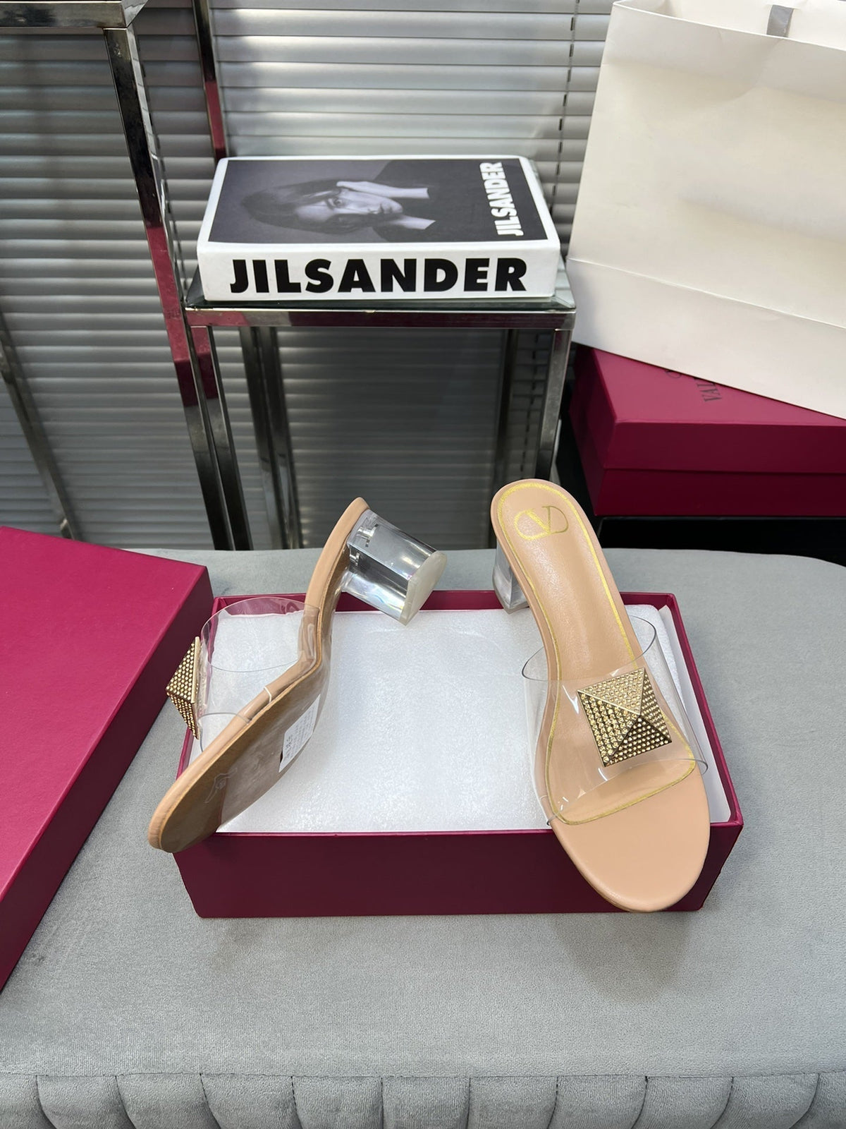 Heeled Sandals 6cm with Crystal Square Buckle Beige