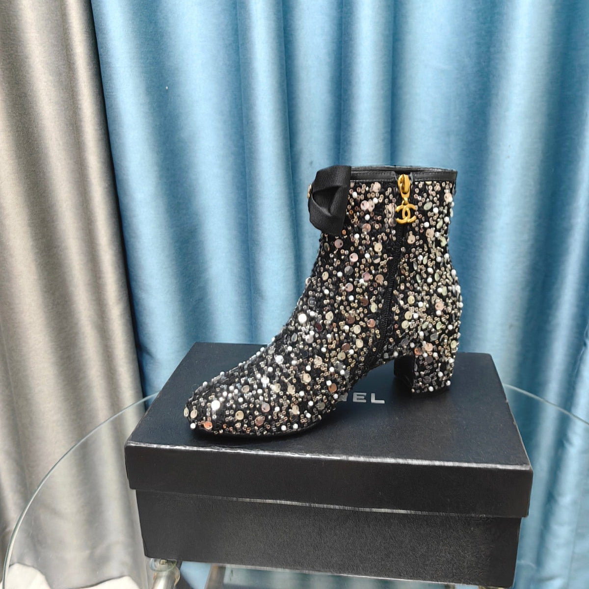 CC Ankle Boots Black Bow Tweed Sequin Beaded Fabric