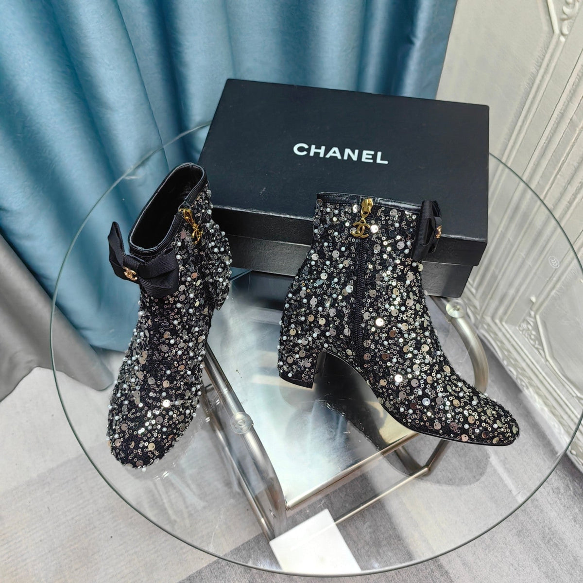 CC Ankle Boots Black Bow Tweed Sequin Beaded Fabric