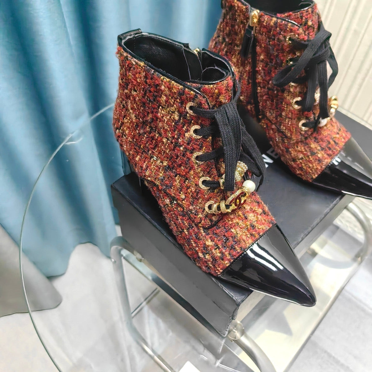 CC Ankle Boots Red Orange Tweed Fabric And Lambskin